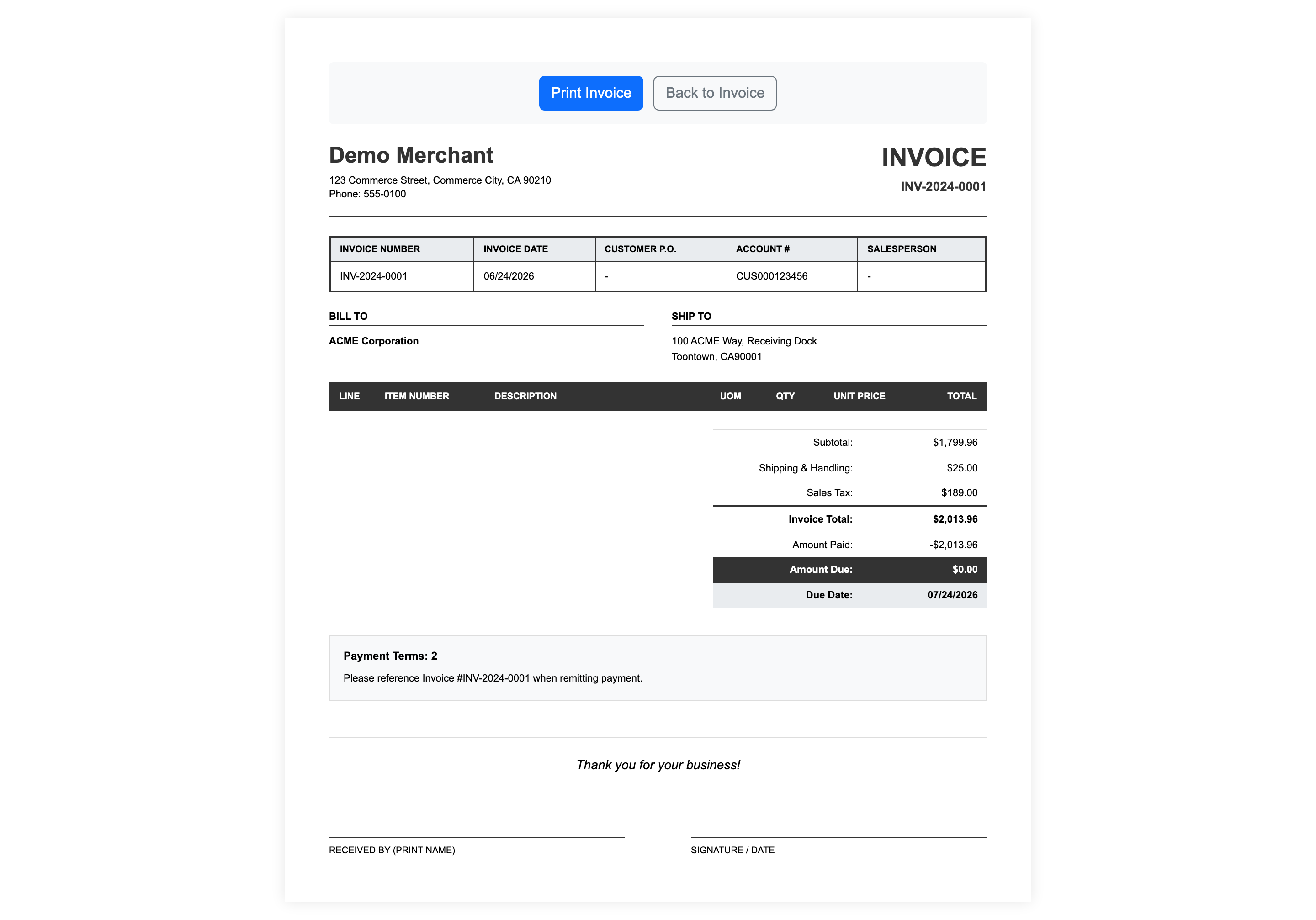 Printable invoice