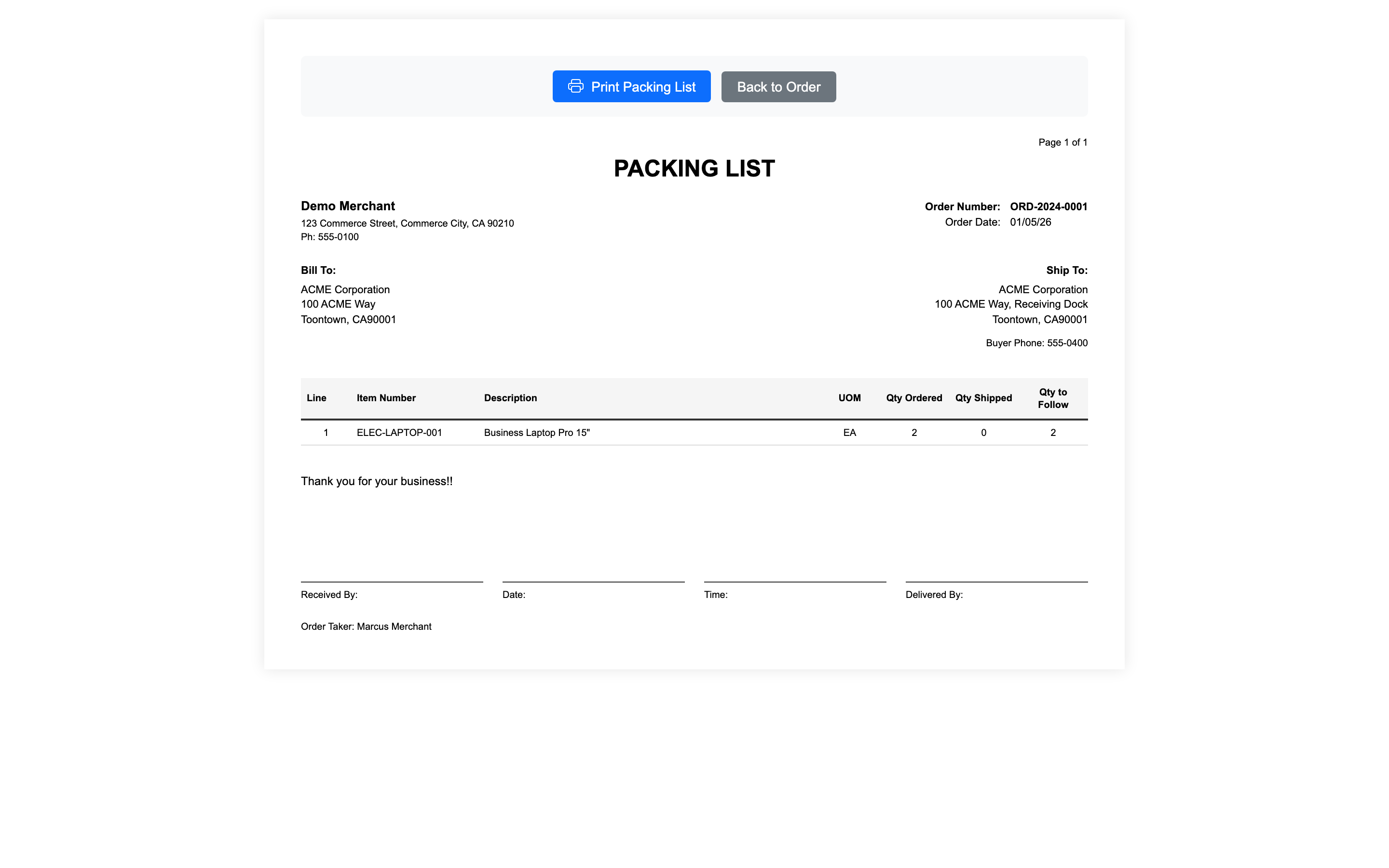 Packing list