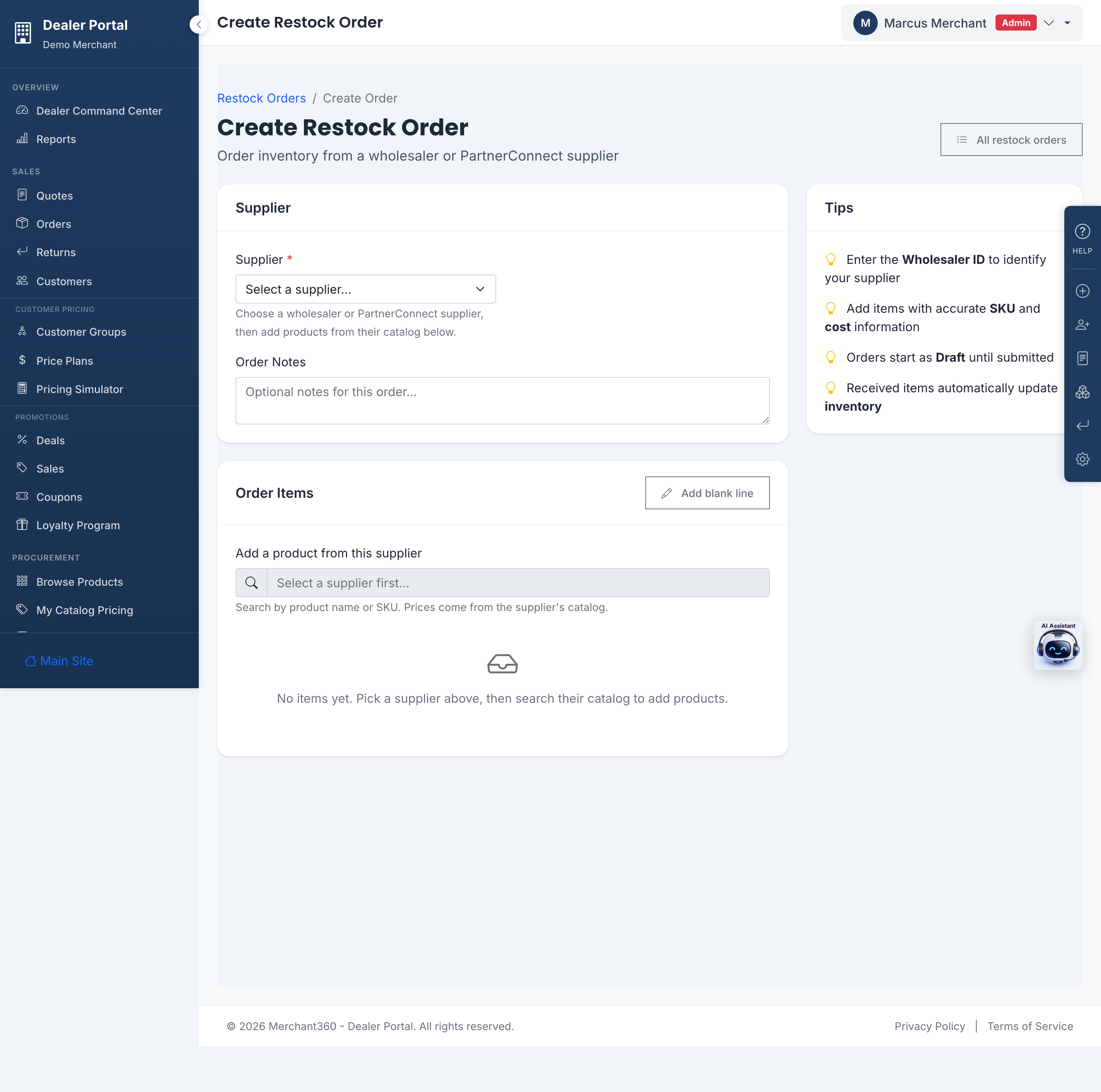 Create a restock order